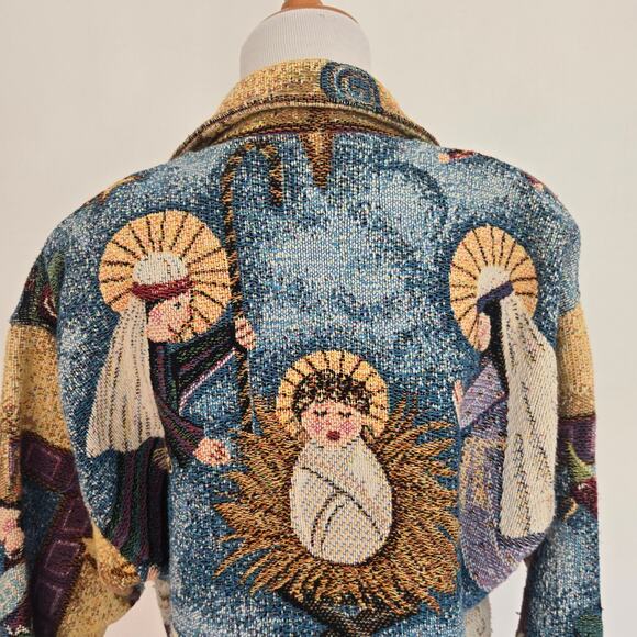 Rare Vintage Nativity Tapestry Jacket Cropped Painted Pony Art To Wear Small - Picture 8 of 15
